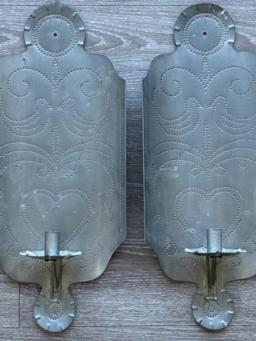 2 Handmade VTG Punched Tin Candlestick Wall Sconce PA Dutch Folk Art Heart Bird